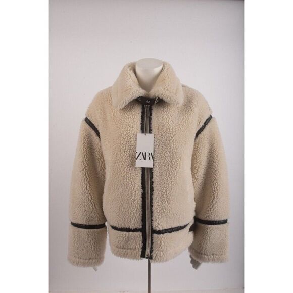 Zara Womens Blogger Oversized Jacket Sherpa Ivory Black S Small 3548/247 NWT - Picture 1 of 6